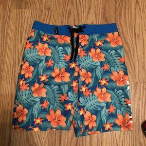 hurley board shorts big boys logo pull up flowers blue size 10